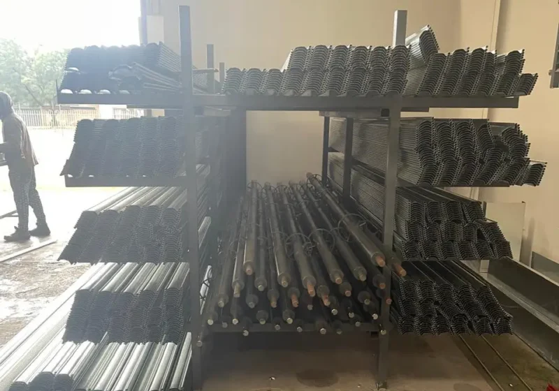 Racked roller shutter spares — slats, guide rails and rollers held in stock